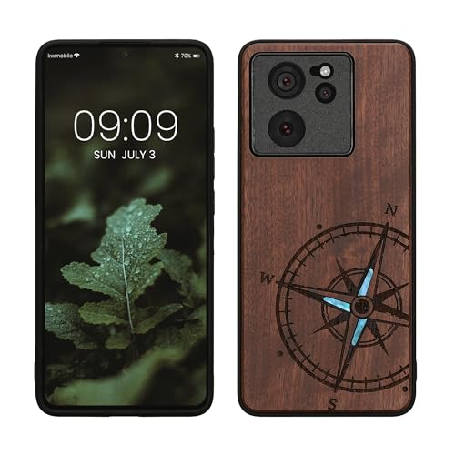 kwmobile Hülle kompatibel mit Xiaomi 13T / 13T Pro Hülle - Holz Case - Handy Cover - TPU Handyhülle in Dunkelbraun Vintage Kompass mit Perlmutt von kwmobile