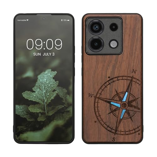 kwmobile Hülle kompatibel mit Xiaomi Redmi Note 13 Pro 5G / Poco X6 5G Hülle - Holz Case - Handy Cover - TPU Handyhülle in Dunkelbraun Vintage Kompass mit Perlmutt von kwmobile