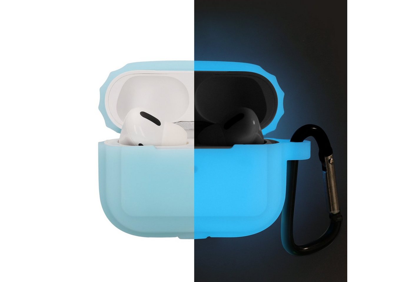 kwmobile Kopfhörer-Schutzhülle Hülle für Apple AirPods Pro Kopfhörer, Silikon Schutzhülle Case Cover - leuchtet im Dunkeln - Hellblau von kwmobile
