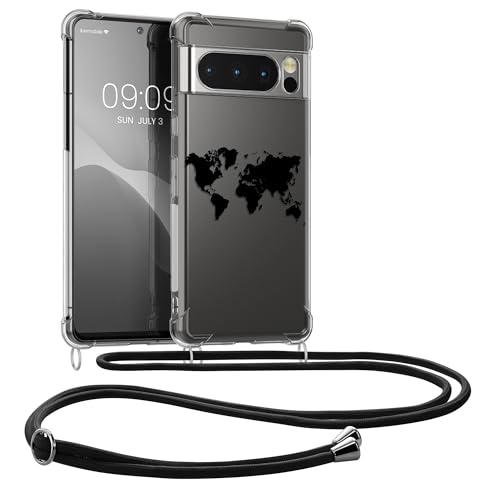 kwmobile Necklace Case kompatibel mit Google Pixel 8 Pro Hülle - Silikon Cover mit Handykette - Schwarz Transparent Travel Umriss von kwmobile