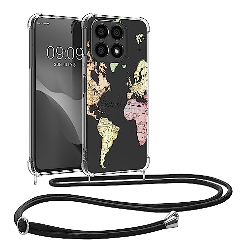 kwmobile Necklace Case kompatibel mit Honor X8a Hülle - Silikon Cover mit Handykette - Schwarz Mehrfarbig Transparent Travel Schriftzug von kwmobile