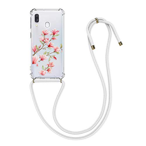kwmobile Necklace Case kompatibel mit Samsung Galaxy A40 Hülle - Silikon Cover mit Handykette - Rosa Weiß Transparent Magnolien von kwmobile
