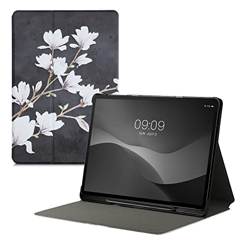 kwmobile Schutzhülle kompatibel mit Samsung Galaxy Tab S7 Plus/Tab S7 FE - Hülle Slim - Tablet Cover Case mit Ständer Magnolien Taupe Weiß Dunkelgrau von kwmobile
