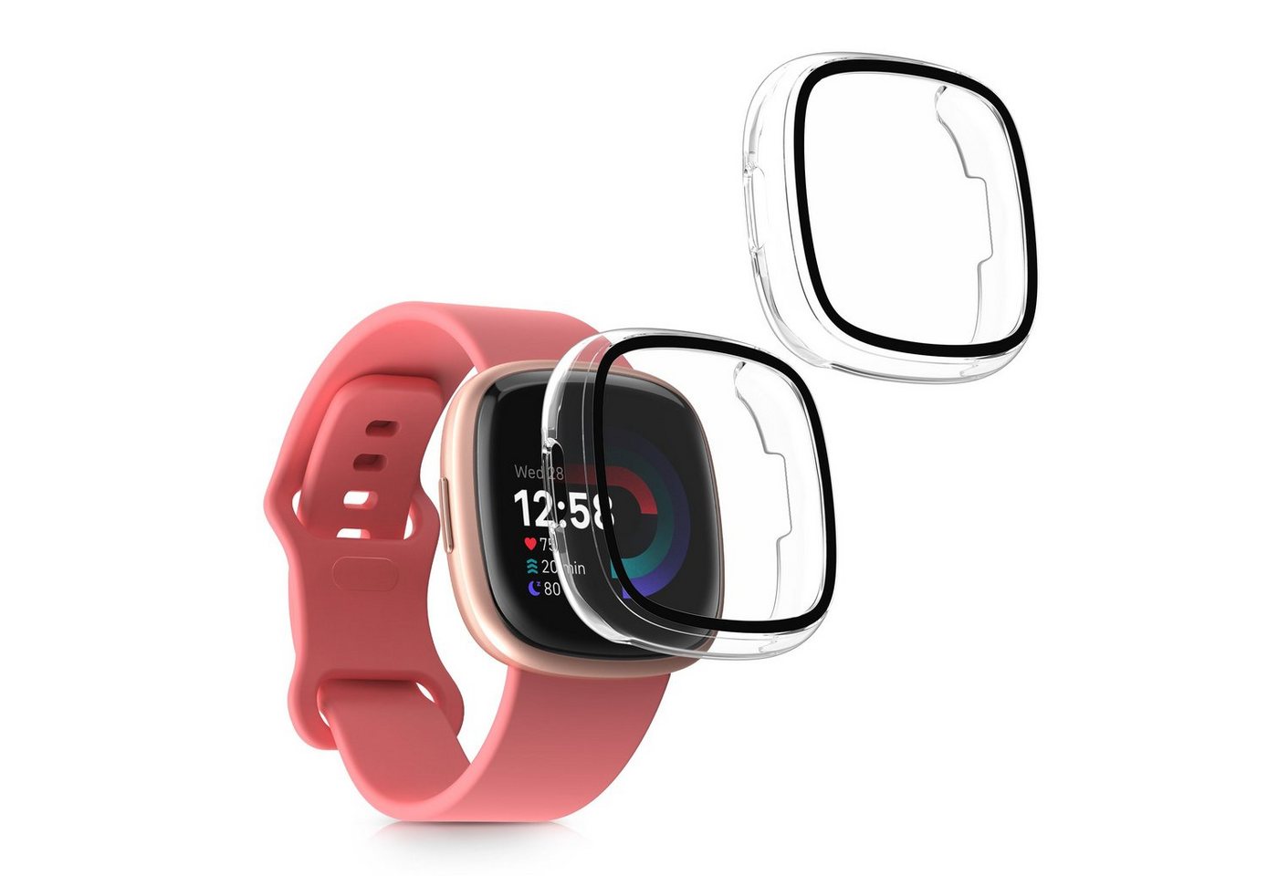 kwmobile Smartwatch-Hülle 2x Hülle für Fitbit Versa 4 / Sense 2, Fullbody Fitnesstracker Glas Cover Case Schutzhülle Set von kwmobile