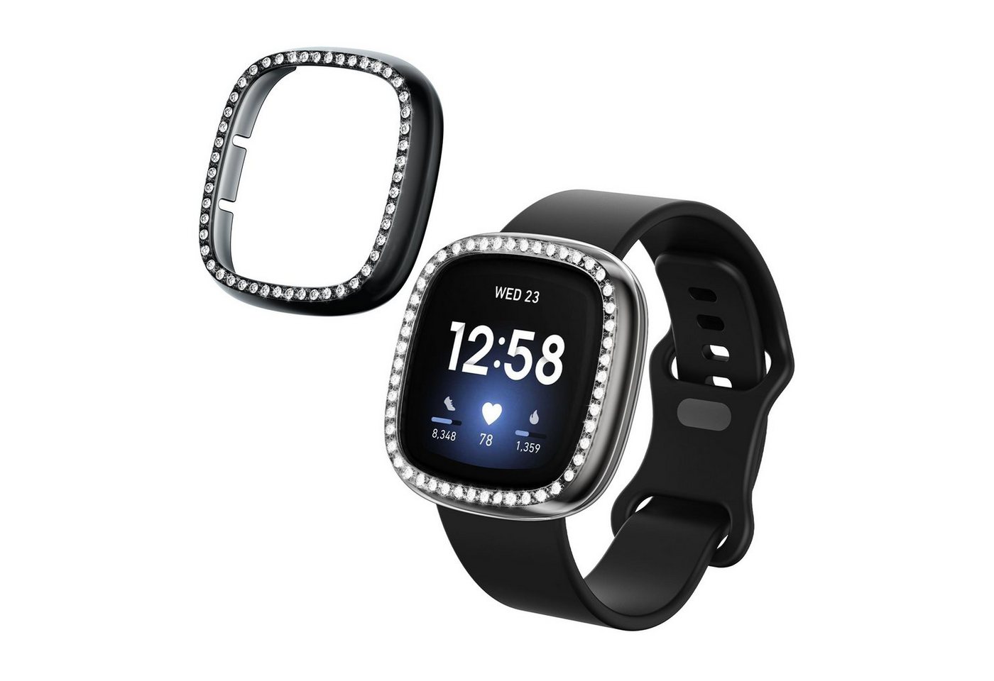 kwmobile Smartwatch-Hülle 2x Kunststoff Hülle für Fitbit Versa 3 / Sense, Schutzrahmen - Glitzer Schutzhülle in Transparent Schwarz von kwmobile