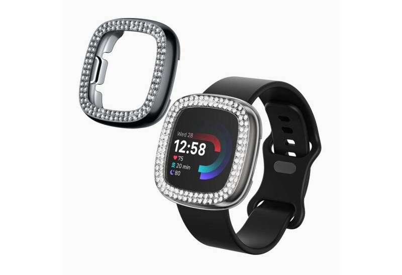 kwmobile Smartwatch-Hülle 2x Kunststoff Hülle für Fitbit Versa 4 / Sense 2, Schutzrahmen - Glitzer Schutzhülle in Transparent Schwarz von kwmobile