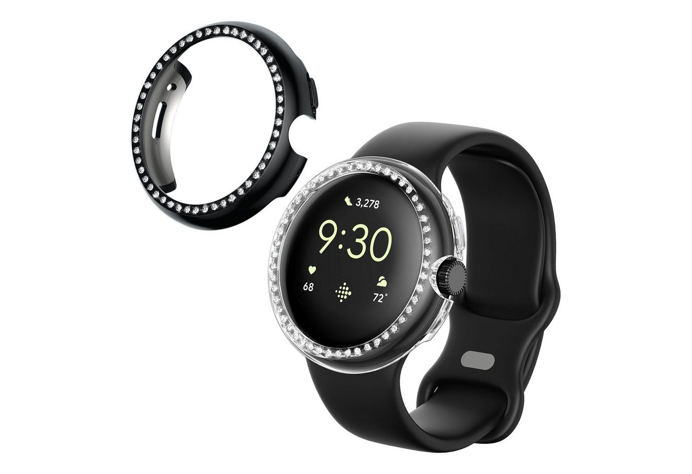 kwmobile Smartwatch-Hülle 2x Kunststoff Hülle für Google Pixel Watch, Schutzrahmen - Glitzer Schutzhülle in Transparent Schwarz von kwmobile