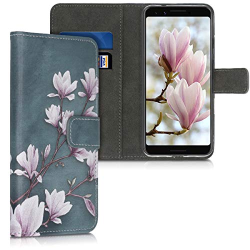 kwmobile Wallet Case kompatibel mit Google Pixel 3a Hülle - Cover mit Ständer und Kartenfächern - Magnolien Taupe Weiß Blaugrau von kwmobile