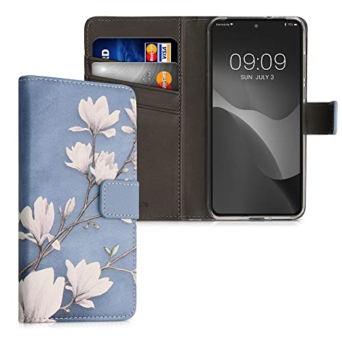 kwmobile Wallet Case kompatibel mit Motorola Edge 30 Neo Hülle - Cover mit Ständer und Kartenfächern - Magnolien Taupe Weiß Blaugrau von kwmobile