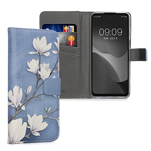 kwmobile Wallet Case kompatibel mit Motorola Moto E32 Hülle - Cover mit Ständer und Kartenfächern - Magnolien Taupe Weiß Blaugrau von kwmobile