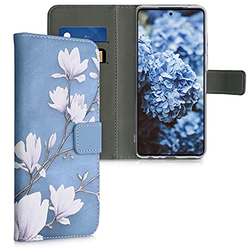 kwmobile Wallet Case kompatibel mit Samsung Galaxy A52 / A52 5G / A52s 5G Hülle - Cover mit Ständer und Kartenfächern - Magnolien Taupe Weiß Blaugrau von kwmobile