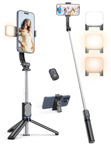 Selfie Stick mit Abnehmbarer Handyhalterung,106 cm Ausziehbares Handy Stativ mit Fernbedienung, 360° Drehbarer StativStänder für iPhone, Samsung und Android-Smartphones (Schwarz mit fülllicht) von kzomKzoo