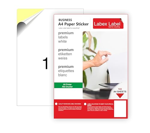 100 Blatt Etiketten A4 Bogen ∣ A4 klebepapier bedruckbar - 210 x 297 mm weiß selbstklebend bedruckbar - 100 DIN A4 Bogen à 1x1 210x297 Papier Labels/Haftetiketten -Universal Etiketten von labex label