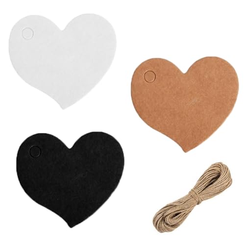100 Stück Herz Kraftpapier Anhänger, Etiketten mit Schnur, Herz Anhänger für Valentinstag, Weihnachten, Hochzeit, Thanksgiving, Geburtstag, Feiertagsfeier (Schwarz, Weiß, Rindsleder） von lafomukea