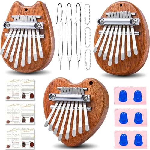 3er Pack Mini Kalimba Daumenklavier 8 Tasten Fingerklavier Professionelles Musikinstrument mit Lernanleitung Anhänger Schlüsselanhänger Zubehör Fingerschutz Geschenke für Kinder Erwachsene Anfänger von laqula