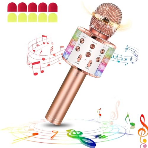 Drahtloses Bluetooth Mikrofon Karaoke Mit LED-Leuchten Tragbare Handheld Singen Karaoke Lautsprecher Maschine Spielzeuggeschenke für Kinder Erwachsene (Champagner, mit 10 Einweg Mikrofonabdeckungen) von laqula