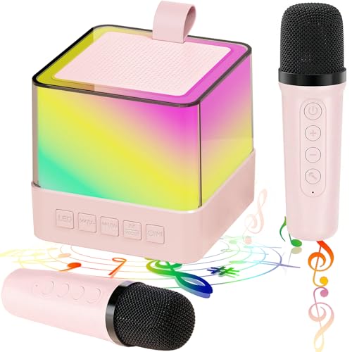 Mini Karaoke Maschine für Kinder Erwachsene mit 2 Drahtlosen Mikrofonen Tragbare Bluetooth Lautsprecher w/LED Lichter Musik Player Spielzeug Geschenke für Geburtstagsfeier (Rosa) von laqula