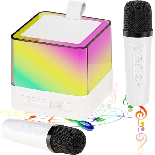 laqula Mini Karaoke Maschine für Kinder Erwachsene mit 2 Drahtlosen Mikrofonen Tragbare Bluetooth Lautsprecher w/LED Lichter Musik Player Spielzeug Geschenke für Geburtstagsfeier (Weiß) von laqula