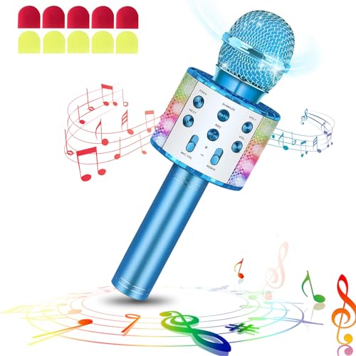 laqula Drahtloses Bluetooth Mikrofon Karaoke Mit LED-Leuchten Tragbare Handheld Singen Karaoke Lautsprecher Maschine Spielzeuggeschenke für Kinder Erwachsene (Blau, mit 10 Einweg Mikrofonabdeckungen) von laqula