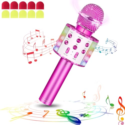 laqula Drahtloses Bluetooth Mikrofon Karaoke Mit LED-Leuchten Tragbare Handheld Singen Karaoke Lautsprecher Maschine Spielzeuggeschenke für Kinder Erwachsene (Lila, mit 10 Einweg-Mikrofonabdeckungen) von laqula