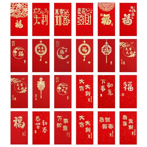 24stk Rote Umschläge für Chinesisches Neujahr, Traditioneller Segen Jahr des Drachen Hong Bao Glücksgeldumschläge Rote Tasche für Chinesisches Mondfrühlingsfest Hochzeit Geburtstag von lasuroa