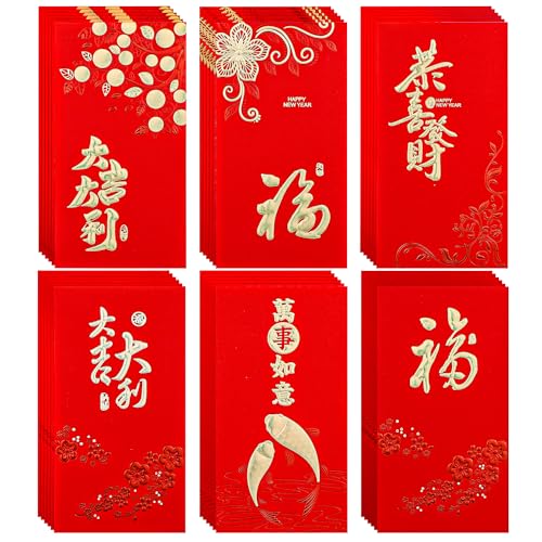36 Stück Chinesische Rote Umschläge, 6 Stile Chinesische Neujahr Roter Umschlag Lai See Hong Bao Glücksgeldumschläge mit Klassischen Mustern & Chinesischen Schriftzeichen für Frühlingsfest von lasuroa