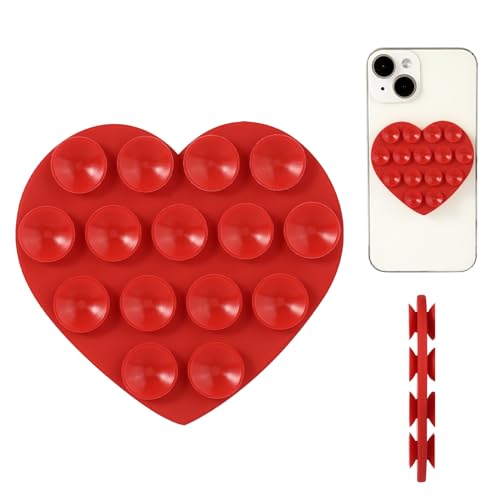Herzform Doppelseitiger Handy Saugnapfhalter, Mehrzweck Silikon Saugnapf-Handyhalterung Süße Handyhülle klebriger Handy-Griff für Mobilgeräte Spiegel Glas (Rot) von lasuroa