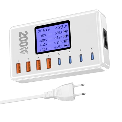 200W USB Ladegerät Mehrfach,8-ports USB C Ladegerät mit 4 USB C und 4 USB A,USB C Netzteil mit LED unterstützt PD/PPS/QC Schnellladegerät USB C für mehrere Geräte wie iPhone 16,Samsung,Pixel,iPad usw. von layajia