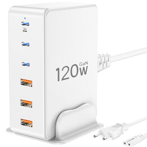 layajia USB C Ladegerät,120W GaN Mehrfach USB Schnellladegerät mit 3 USB-C und 3 USB-A,Tragbarer USB C Netzteil für verschiedene Geräte,kompatibel mit Laptops,Macbook,iPhone,iPad,Phones,und mehr.-Weiß von layajia