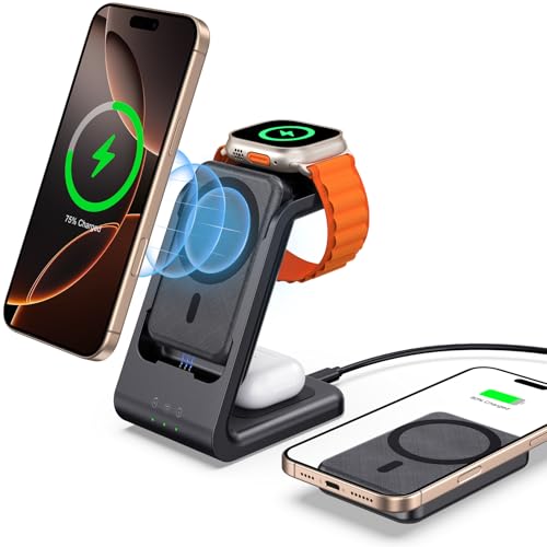 leChivée Mag-Safe Wireless Charger für Apple mit 5000mAh abnehmbarem P-ower Bank,3 in 1 Ladestation Apple für iPhone 15/14/13,Ladestation Apple Watch und iPhone für iWatch Ultra 2/9/8/7,AirPods 3/Pro von leChivée