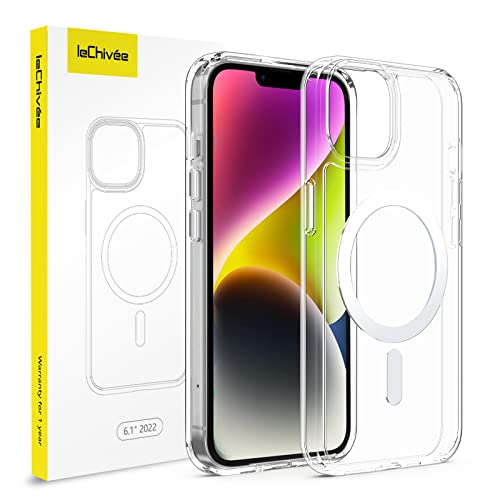 leChivée Magnetic Transparent Entwickelt für iPhone 14 Hülle Kompatibel mit Mag Safe, Fallschutz Anti-Gelb Kratzfest Harte Rückseite Schlanke Dünne Handyhülle für iPhone 14 6.1'' 2022, Durchsichtig von leChivée