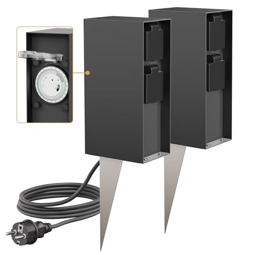 ledscom.de 2 Stück Garten-Steckdosensäule POMI mit Erdspieß und 2m Kabel für außen, IP44, Timer/Zeitschaltuhr, 2-Fach, anthrazit, eckig, 23cm von ledscom.de
