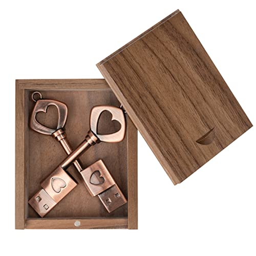 leizhan 32GB Metal USB 2.0 Sticks USB Flash Laufwerk mit Holzbox,Schlüssel Liebe Schlüsselanhänger USB Thumb Drive Memory Stick U Disk Einzigartiges Hochzeitsgeschenk Pen Drive (2 PCS mit Holzkiste) von leizhan