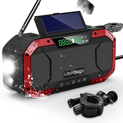 Libovgogo DF-580Pro 5000mAh Kurbelradio mit Handyladefunktion Solar, 7W IPX5 Waterproof Bluetooth Lautsprecher,Tragbares Auto Scan AM/UKW Notfallradio mit Taschenlampe LED-Leselampe Outdoor Camping von libovgogo