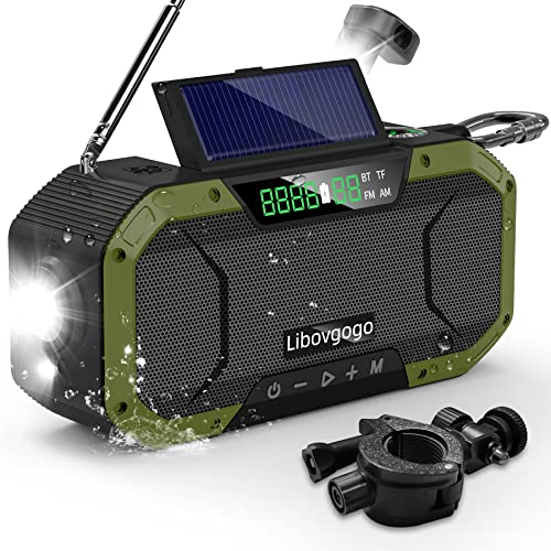 Libovgogo DF-580Pro 5000mAh Kurbelradio mit Handyladefunktion Solar, 7W IPX5 Waterproof Bluetooth Lautsprecher,Tragbares Auto Scan AM/UKW Notfallradio mit Taschenlampe LED-Leselampe Outdoor Camping von libovgogo