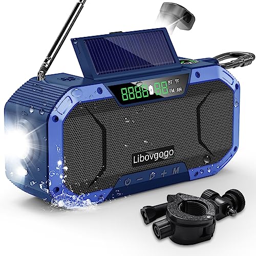 Libovgogo DF-580Pro Notfall-Radio Spritzwassergeschützt Bluetooth-Lautsprecher Tragbares AM/FM Solar-Kurbelradio mit Taschenlampe LED-Leselampe Solar-Panel 5000mAh Powerbank Mit Fahrradträger von libovgogo