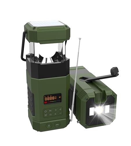 Libovgogo DF-585 AM UKW Kurbelradio mit Bluetooth Lautsprecher Campinglampe,Solar,Handyladefunktion, 3 Lichtmodi, IP65 Wasserdichter, Taschenlampe, Stroboskoplicht, für Camping,Outdoor Wohnmobilreisen von libovgogo