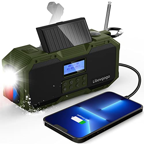 Libovgogo DF-588D Tragbares DAB+ UKW Radio mit wasserdichtem Bluetooth-Lautsprecher, Kurbelradio mit Handyladefunktion Solar, 4000mAh Powerbank, Taschenlampe, Stroboskoplicht, Leselicht,Wecker, SOS von libovgogo