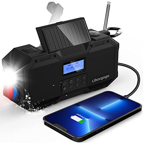 Libovgogo DF-588D Tragbares DAB+ UKW Radio mit wasserdichtem Bluetooth-Lautsprecher, Kurbelradio mit Handyladefunktion Solar, 4000mAh Powerbank, Taschenlampe, Stroboskoplicht, Leselicht,Wecker von libovgogo