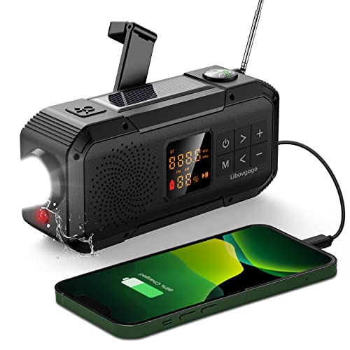 Libovgogo DF-589 Kleines Notfallradio mit Handkurbel, wasserdichter Bluetooth-Lautsprecher, tragbares digitales AM FM Radio mit Taschenlampe, Blitzlampe, 2000mAh Powerbank, Solar Kurbelradio,SOS von libovgogo