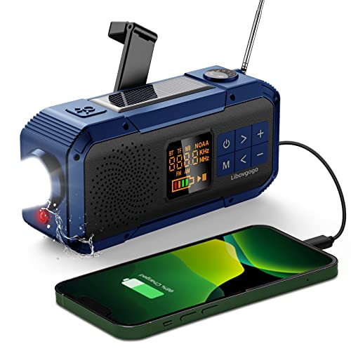 Libovgogo DF-589 Kleines Notfallradio mit Handkurbel, wasserdichter Bluetooth-Lautsprecher, tragbares digitales AM FM Radio mit Taschenlampe, Blitzlampe, 2000mAh Powerbank, Solar Kurbelradio von libovgogo