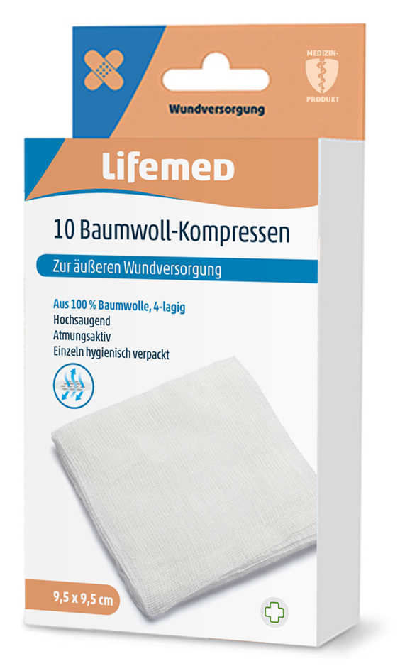 Lifemed Baumwoll-Kompressen, 95 x 95 mm, weiß von lifemed