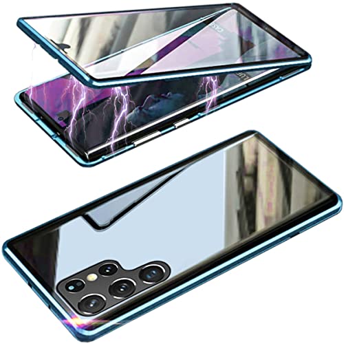 Kompatibel mit Samsung Galaxy S22 Ultra Hülle, 360-Grad-Schutz, Metall-Stoßfänger mit magnetischer Adsorptionsabdeckung, Vorder- und Rückseite, einteilige Klapphülle, klares Blau von liono