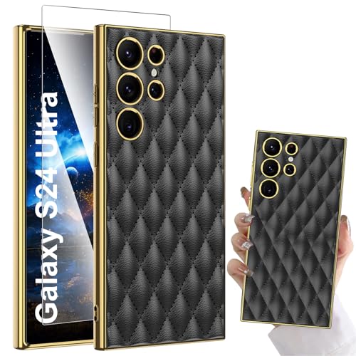 Leder Hülle Für Samsung Galaxy S24 Ultra Mit Displayschutzfolie, Luxuriöse Premium Rhomboid Leder Handyhülle Samsung S24 Ultra Kameraschutz,Stoßfeste Schutzhülle 360 Grad Hülle Für Galaxy S24 Ultra 5g von lisade