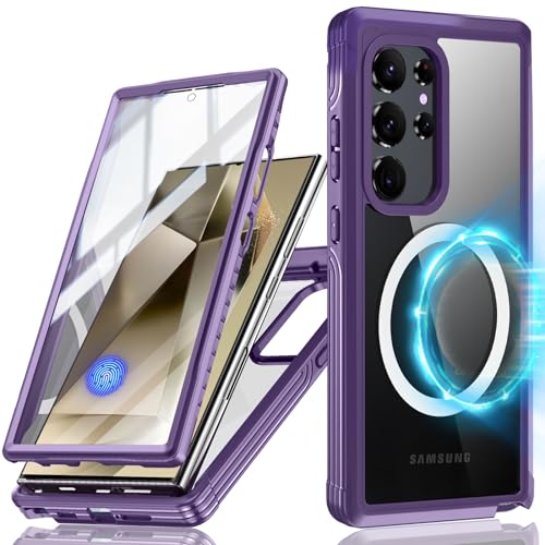 Magnetische Hülle für Samsung Galaxy S24 Ultra mit Displayschutzfolie, [Kompatibel mit Mag-Safe] Transparente S24 Ultra Doppelseitige Hülle, 360 Grad Stoßfeste Hülle für Galaxy S24 Ultra 5g (Violett) von lisade