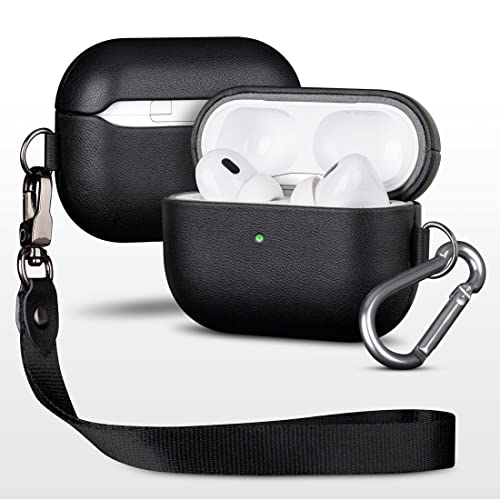 Lederhülle für AirPods Pro 2nd Generation, Lopie AirPods Pro 2 Lederhülle mit Umhängeband und Schlüsselanhänger, Schutzhülle vollständig umwickelt mit genarbtem Leder (nicht für AirPods Pro 1st Gen) von lopie
