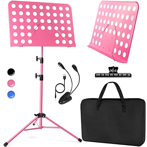 lotmusic Rosa Notenständer, Tragbarer Notenständer, Faltbarer und Höhenverstellbarer Notenständer mit Tasche, Notenclip, Licht, Geeignet zum Spielen von Musikinstrumenten und Reisen von lotmusic