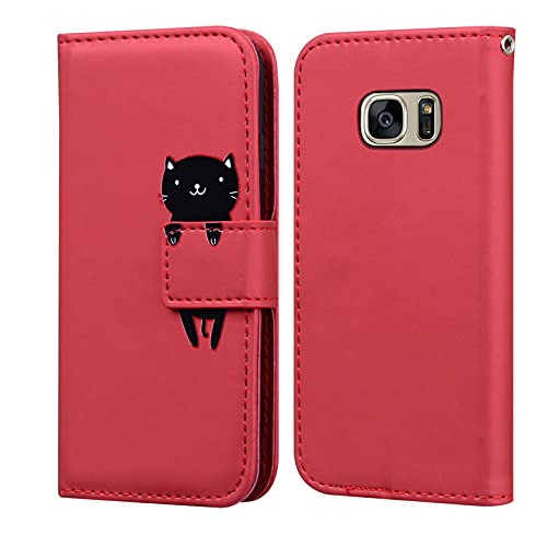 LUCASI Samsung Galaxy S7,Handyhülle Galaxy S7,Karikatur Schwarz Cat Muster PU Leder Flip Case,mit [Kartenfächer][Magnetverschluss] [Standfunktion],Kompatibel mit Galaxy S7,Rot von lukasi