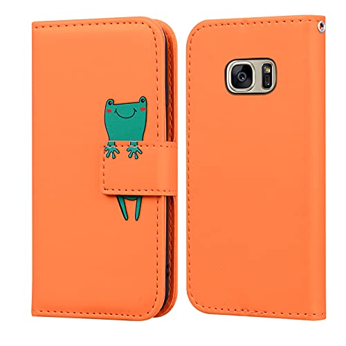 LUCASI Samsung Galaxy S7 Edge,Handyhülle Galaxy S7 Edge,Karikatur Grün Frog Muster PU Leder Flip Case,mit [Kartenfächer][Magnetverschluss] [Standfunktion],Orange von lukasi