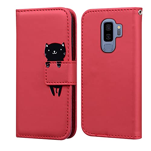 LUCASI Samsung Galaxy S9 Plus,Handyhülle Galaxy S9 Plus,Karikatur Schwarz Cat Muster PU Leder Flip Case,mit [Kartenfächer][Magnetverschluss] [Standfunktion],Rot von lukasi